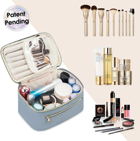 Wandering Nature Makeup Bag - Travel Organizer for Women in Eco Vegan Leather, Grayish Blue