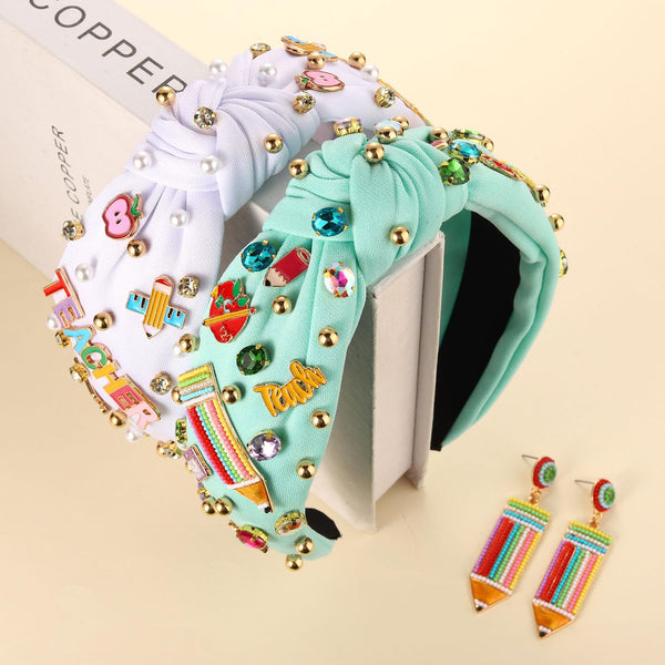 Teacher Headbands for Women, Pencil Printed Wide Knotted Headbands, Back To School Gifts (Pattern E)