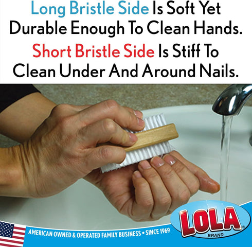 Lola Products Hand & Nail Brush | Heavy Duty Dual Sided, Soft & Stiff, Solid Wood, Cleans Hands & Fingernails