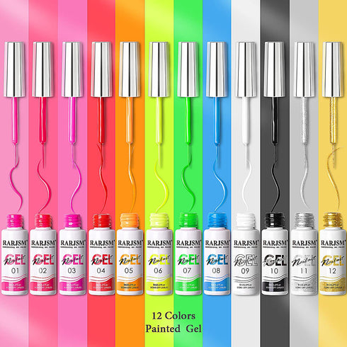 RARJSM Painted Nail Polish Set, 12 Colors Neon Glitter for Nail Art Painting and DIY Manicure Tools