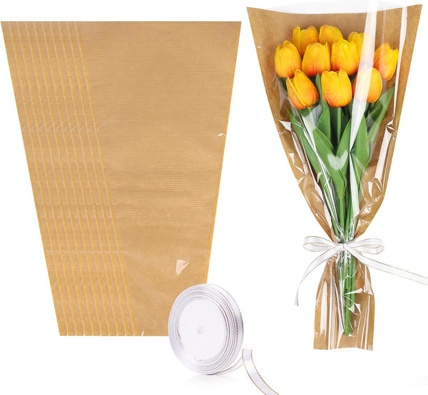 STEFORD 50Pcs Flower Bags for Bouquets Kraft Floral Sleeves Wrapping Paper with Ribbons