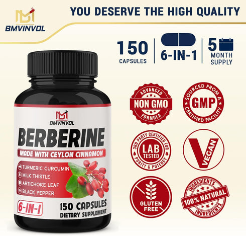 150 Capsules Berberine Supplement with Ceylon Cinnamon, Turmeric, Milk Thistle, Artichoke, and Black Pepper