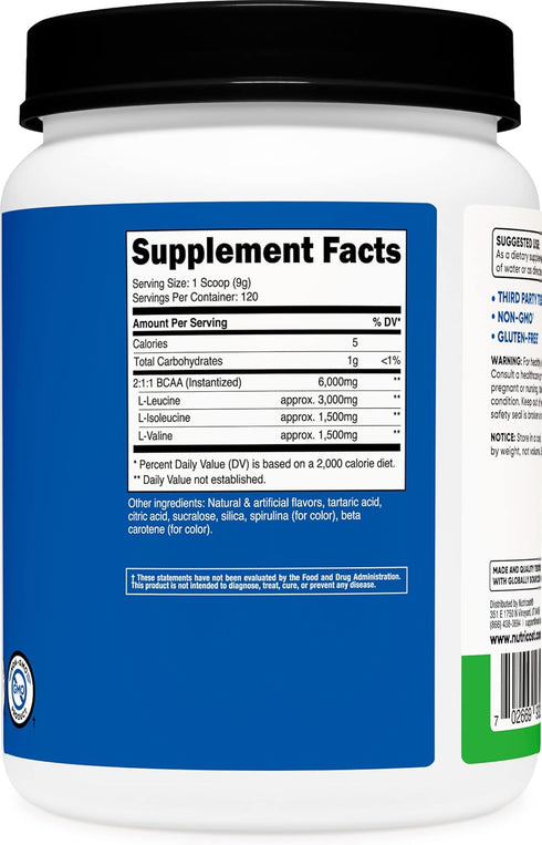 Nutricost BCAA Powder 2:1:1, 120 Servings, Green Apple Flavor