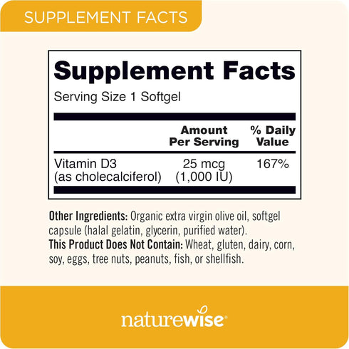 NatureWise Vitamin D3 1000iu (25 mcg) - 360 Count, Non-GMO, Gluten Free in Cold-Pressed Olive Oil
