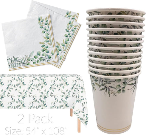 Set 24 Oojami Floral Party Supplies for Eucalyptus Greenery Plates, Cups, Napkins, Straws & Table Covers, Disposable