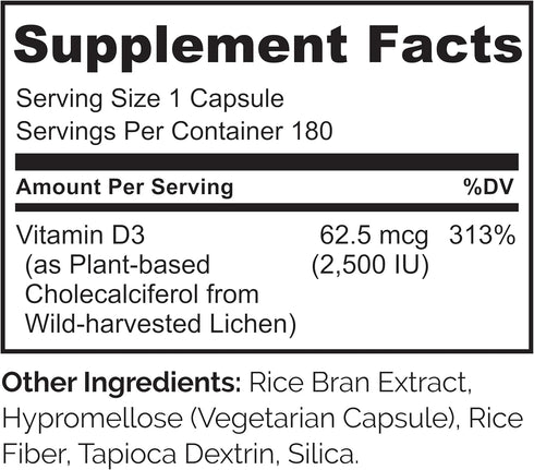 NATURELO Vitamin D 2500 IU - Plant Based from Lichen, Natural D3 Supplement for Immune System & Bone Support (180 Mini