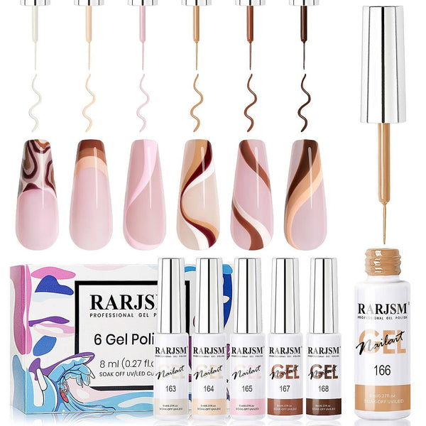 RARJSM 6pcs Nail Art Gel Liner Set, Nude Color Striping Gel Nail Polish with Thin Brush for Home DIY Salon