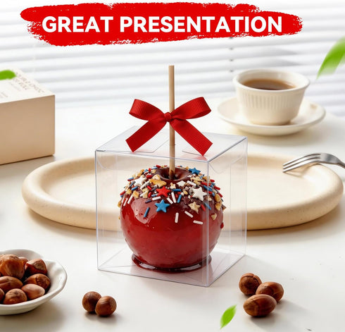 Temmgnie 30 Sets Holes,4"x 4"x 4" Candy Apple Boxes with Clear Caramel Apple Box,Plastic Favor Boxes with Red Ribbons
