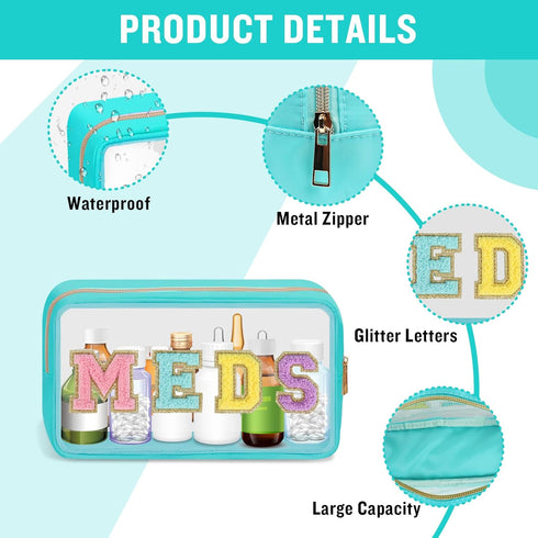Clear Letter Patch Medicine Bag, Waterproof Cosmetic Makeup Bag for Women, Green, MEDS