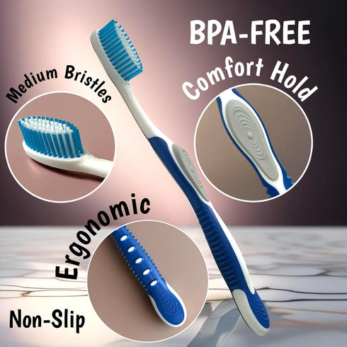 Value Set of 7 Medium Bristles Toothbrushes - Comfort Hold Soft Silicone, Non-Slip, Ergonomic with 4 Ventilated Covers