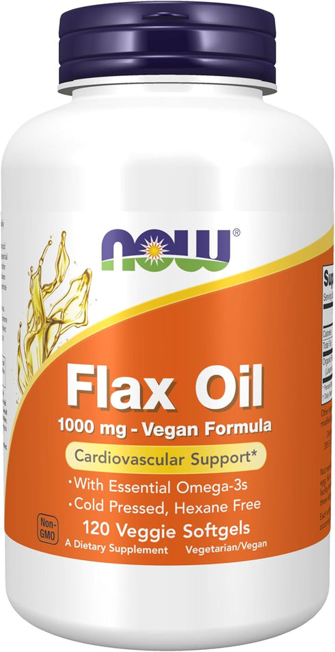 NOW Supplements Flax Oil 1000 mg, Cold Pressed, Hexane Free, Vegan Formula, 120 Veg Softgels, Essential Omega-3s