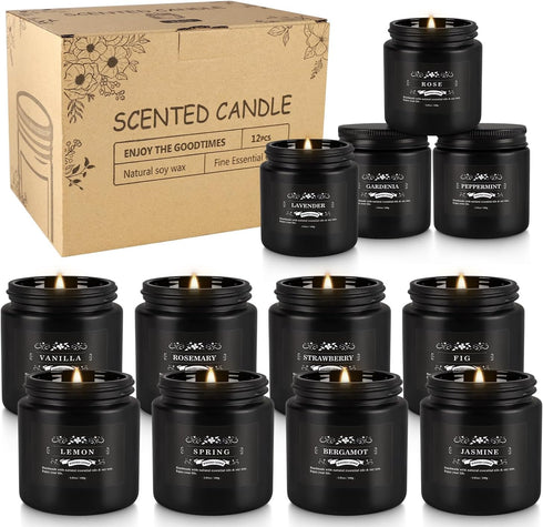 pliadvbu 12PCs Set, 3.05 Black Scented Candles - Aromatherapy Candle Soy Wax Candle for Home Camping & Garden
