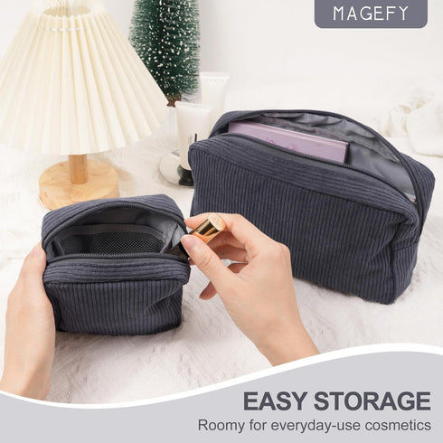 MAGEFY 2 Pcs Corduroy Makeup Bag Set, Mini Big Travel Pouch with Slip-in Pockets, Eco-Friendly, Black