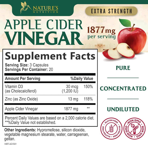 Apple Cider Vinegar Capsules 1877mg - Extra Strength Detox & Cleanse with Vitamin D & Zinc - Premium Vegetarian