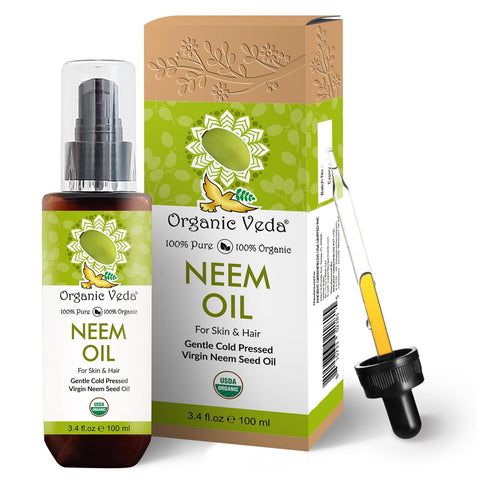 Organic Veda Neem Oil - Pure, Cold Pressed Neem Oil for Skin, Hair, Face, Body, Scalp - Rich in Vitamin E, 3.4 fl oz