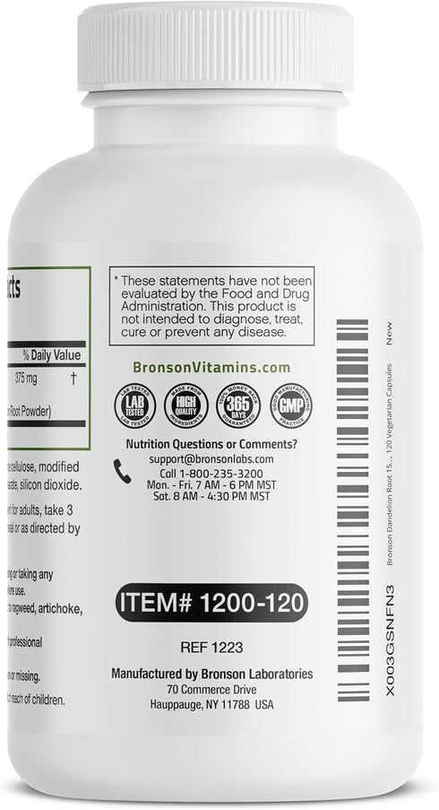 Bronson Dandelion Root High Potency Supplement | 120 Vegetarian Capsules - Supports Overall Good Health & Well-Being