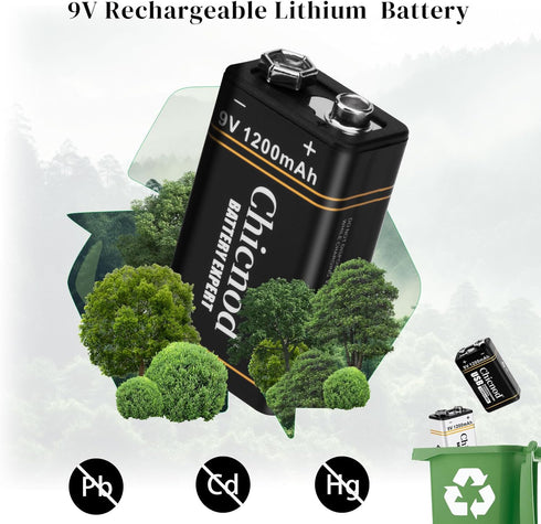 9V Batteries 2 Pack - 9V Rechargeable Lithium Ion Battery 1200mAh for Microphone or Smoke Detector