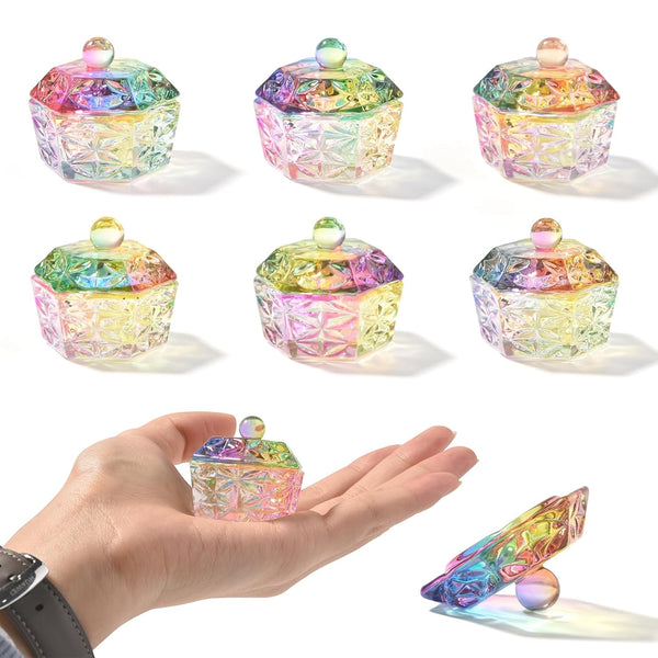 KADS 6Pcs Mini Colorized Glaze Nail Art Dappen Dish, Hexagon Crystal with Cap