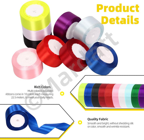 10 Rolls Satin Ribbon Set - 1-1/2" x 25 Yards - Double Face & Single Face Polyester Satin for Gift Wrapping