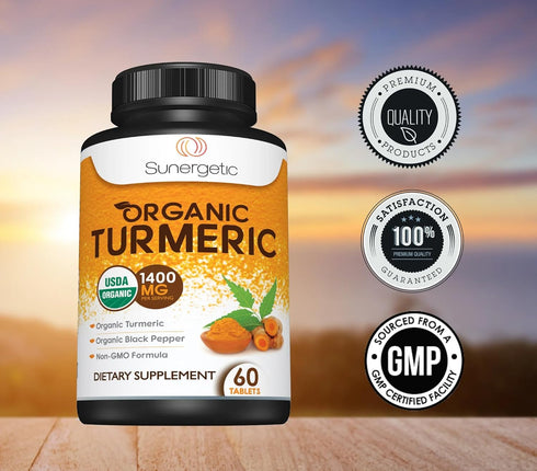 USDA Certified Organic Turmeric Supplement, 1,400mg Turmeric per Serving, Organic Black Pepper, 60 Count