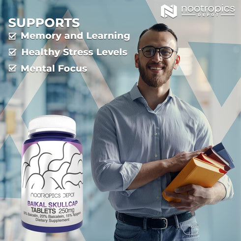 Nootropics Depot Baikal Skullcap Extract Tablets, 250mg, 120 Count with >15% Apigenin, >20% Baicalein