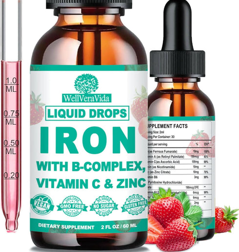 Liquid Iron Supplement w/Vitamin C, B-Complex, High Potency Iron Liquid w. Multivitamin,