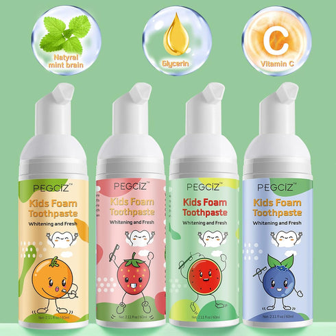 Foam Toothpaste Kids with Fruit Flavor, Toddler Foam Toothpaste with Low Fluoride for U Shaped Toothbrush, Foaming Toothpaste and Mouthwash for Dental Care for Children (4 Pack with 4 Fruit Flavors)