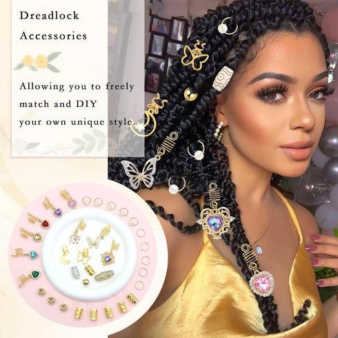 NAISKA 140Pcs Gold Hair Jewelry for Braids Rhinestone Dreadlocks Accessories Butterfly Braid Clips Crystal Hair Pendant Gold Hair Beads Pearls Hair Rings Coils Cuffs Braid Decoration for Women Girls