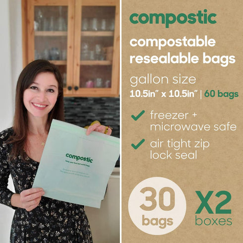 Home Compostable Resealable Gallon Bags, 60 Count (10.5"x10.5"), Microwave & Freezer Safe Organic Food Storage Container