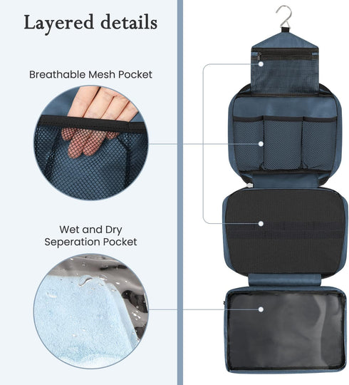 Maliton Large Toiletry Bag for Men & Women, Waterproof Hanging Hygiene Bag with 4 Compartments (Navy Blue)