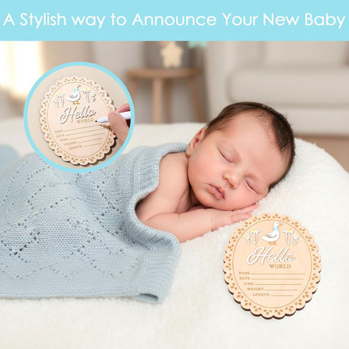 Tucnoeu Baby Announcement Sign, Wooden Hello World Newborn Welcome Sign, Hes Here Card Birth Stats Signs Newborn Photo