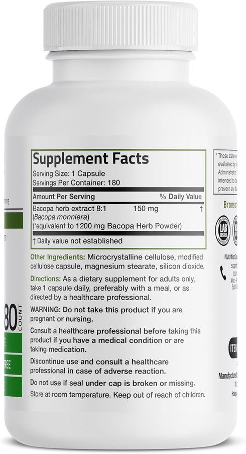 Bronson Bacopa (1200mg Equivalent from 8:1 Extract) Supports Healthy Brain Function and Mental Performance, Traditional Herb, Non-GMO, 180 Vegetarian Capsules