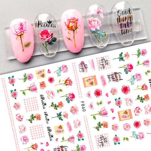 Flower Nail Art Stickers Decals 6 Sheets, Spring Rose 3D Self-Adhesive Nail Stickers for Women