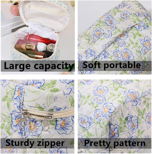 3 Pcs Cotton Quilted Makeup Bag Set, Floral Makeup Bag, Cute Travel Cosmetic Organizer for Women Girls