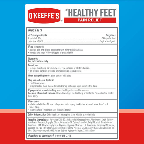 O'Keeffe's for Healthy Feet Pain Relief Skin Protectant Cream; 3 Ounce Tube (Pack of 1); Cooling Foot Cream