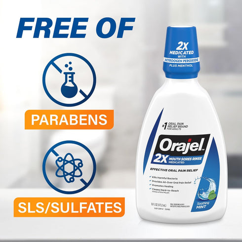 Orajel Nonseptic Mouth Sore Rinse 16oz, Soothing Mint Flavor for Pain Relief and Promotes Healing, 3-Pack