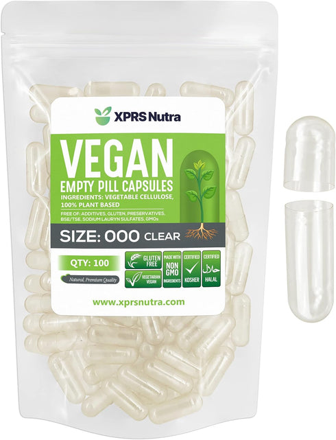 XPRS Nutra Vegan Size 000 Empty Capsules - 100 Count Clear Vegan Capsules - Vegetarian Pill for DIY Vegetable Filling