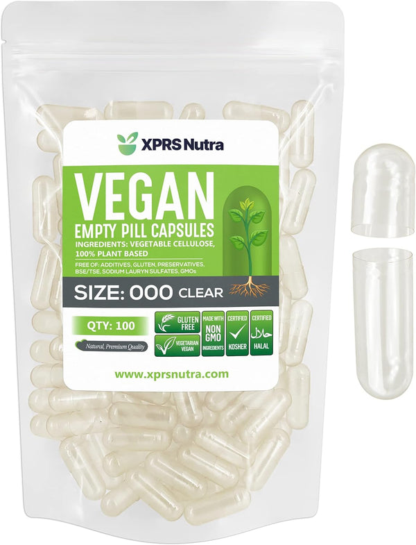 XPRS Nutra Vegan Size 000 Empty Capsules - 100 Count Clear Vegan Capsules - Vegetarian Pill for DIY Vegetable Filling