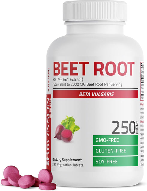 Bronson Beet Root Extra Strength (2000mg equivalent per serving) - Non-GMO, 250 Vegetarian Tablets