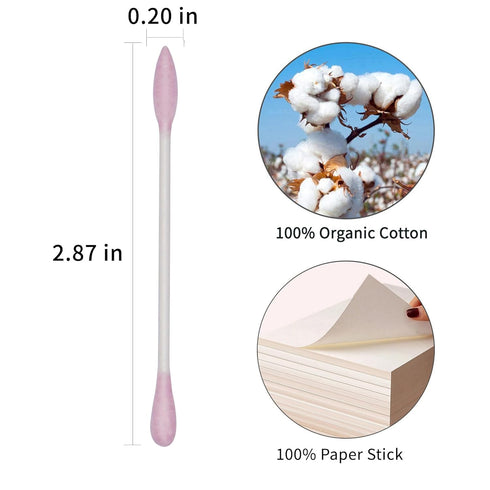 Pink Cotton Swabs Precision Pointed - 200 Count Organic Cotton Buds, Double-Sided, Lint-Free, Soft, Gentle (Pink)