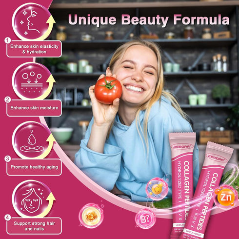 ZEBORA Collagen Peptides Powder Packets with Hyaluronic Acid, Biotin, MCT - Multi Hydrolyzed Collagen for Skin, Hair,