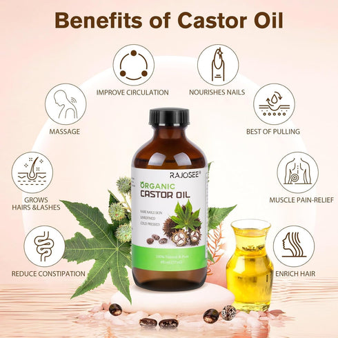 RAJOSEE Pack 8oz (50pcs Castor Oil with Castor Oil Organic Cold Pressed, Cotton Castor Oil Wrap for Waist Back Neck
