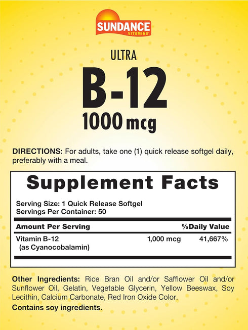 Sundance Vitamin B12 | 1000 mcg | 50 Quick Release Softgels | Non-GMO and Gluten Free Supplement