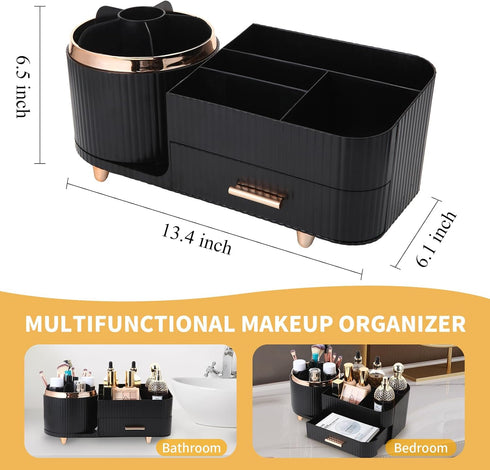 Makeup Organizer Countertop, 360 Rotating Brush Holder with Drawers, Large Capacity Skincare Organizer, Black