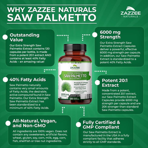 Zazzee Extra Strength Saw Palmetto 6000 mg Extract, 120 Vegan Capsules, 40% Fatty Acids, Non-GMO, Made in the USA