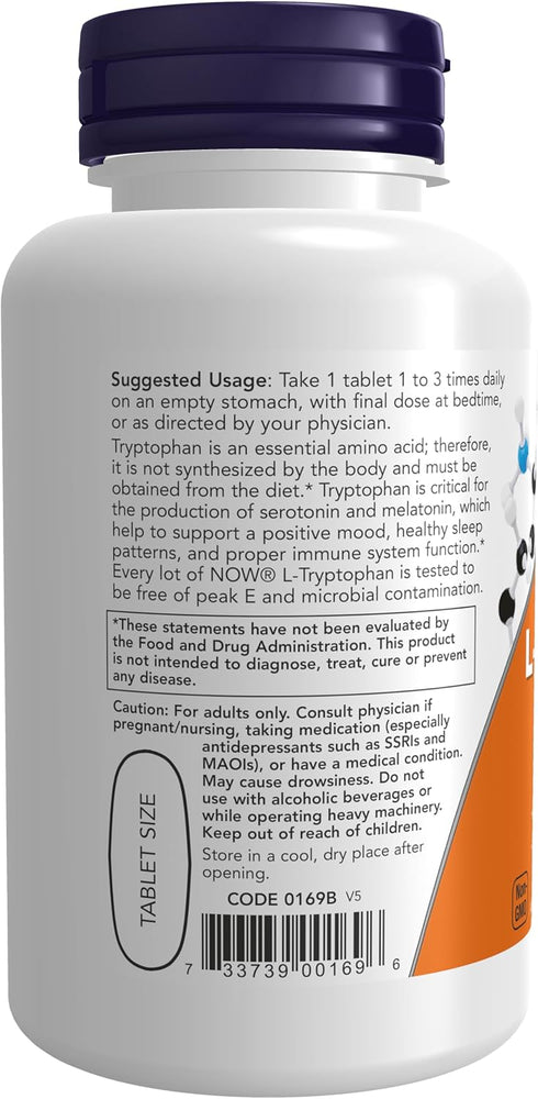 NOW Supplements L-Tryptophan 1,000 mg, Double Strength, Encourages Positive Mood*, Supports Relaxation*, 60 Tablets
