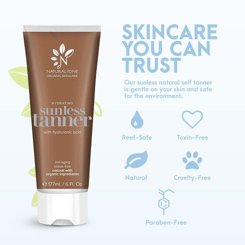 Natural Tone Organic Skincare Hydrating Sunless Tanner - Easy to Apply Self Tanner for Face and Body, 6 fl oz