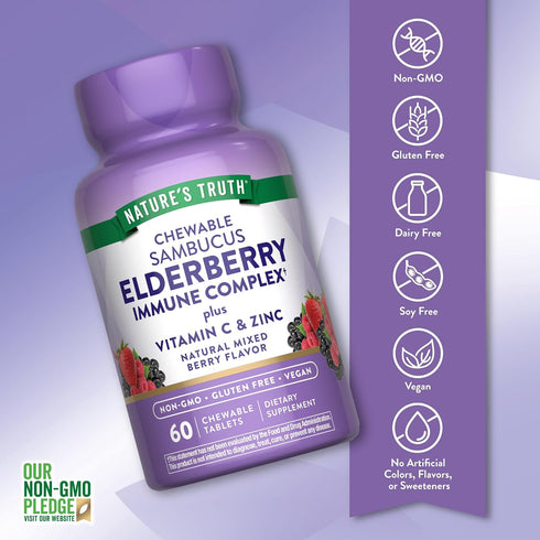 Immune 60 Nature's Truth Elderberry Complex | Chewable Tablets | Plus Vitamin C & Zinc | Mixed Berry | Vegan, Non-GMO