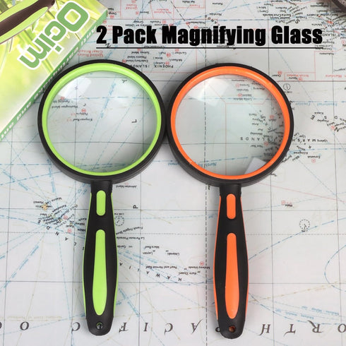 Ocim 2 Pack Magnifying Glass - Kids Magnifier, 75mm 10X Lens with Non-Slip Rubber Handle for Reading