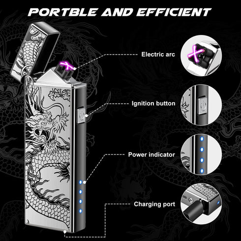 LcFun Electric USB Rechargeable Lighter, Windproof Plasma Dual Arc with LED Battery Indication (Black Dragon)